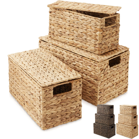 Set of 3 Water Hyacinth Storage Baskets with Lids - Small, Medium, Large